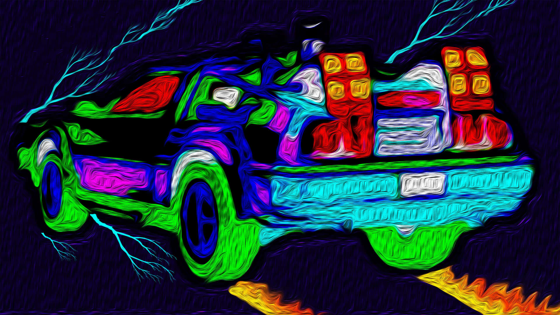 霓虹 DeLorean 帶有發光電路和火熱排氣，背景是黑暗風暴天空。 — 回到未來 GIF 壁紙