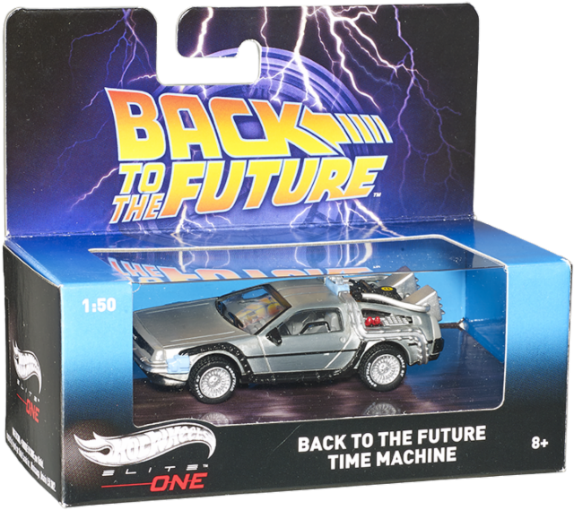 回到未來德羅寧玩具車 壁紙 — 銀色 DeLorean 時光機玩具車，附有『回到未來』品牌包裝及閃電效果。