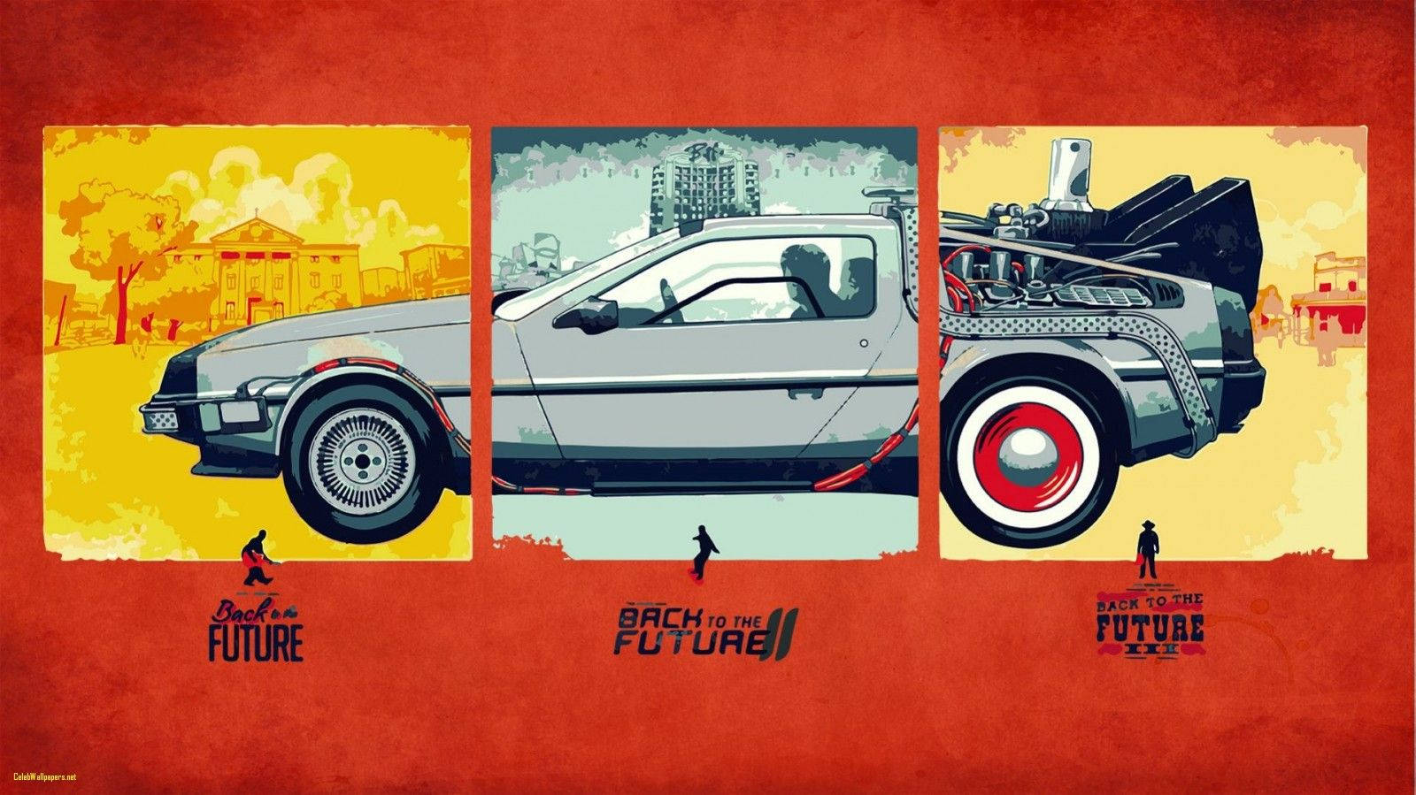 三個插圖面板展示了《回到未來》中的 DeLorean 在不同時代。