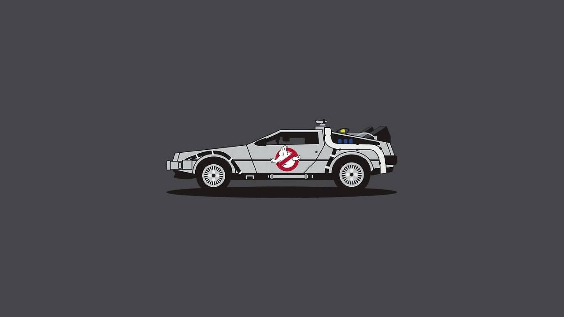 灰色背景上的 Ghostbusters DeLorean 汽車插圖