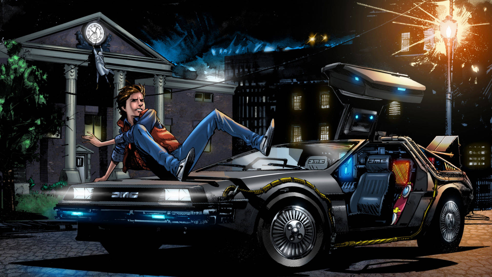 一個男孩在夜晚從 DeLorean 時光機中探出身子，天空中有煙花。