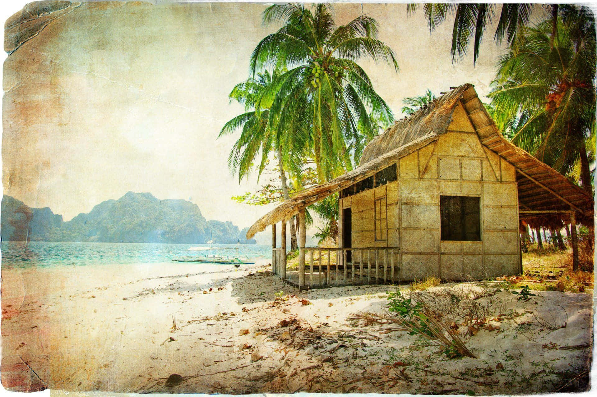 一間質樸的海灘小屋，周圍環繞著棕櫚樹和碧綠的海水，遠處有山巒。