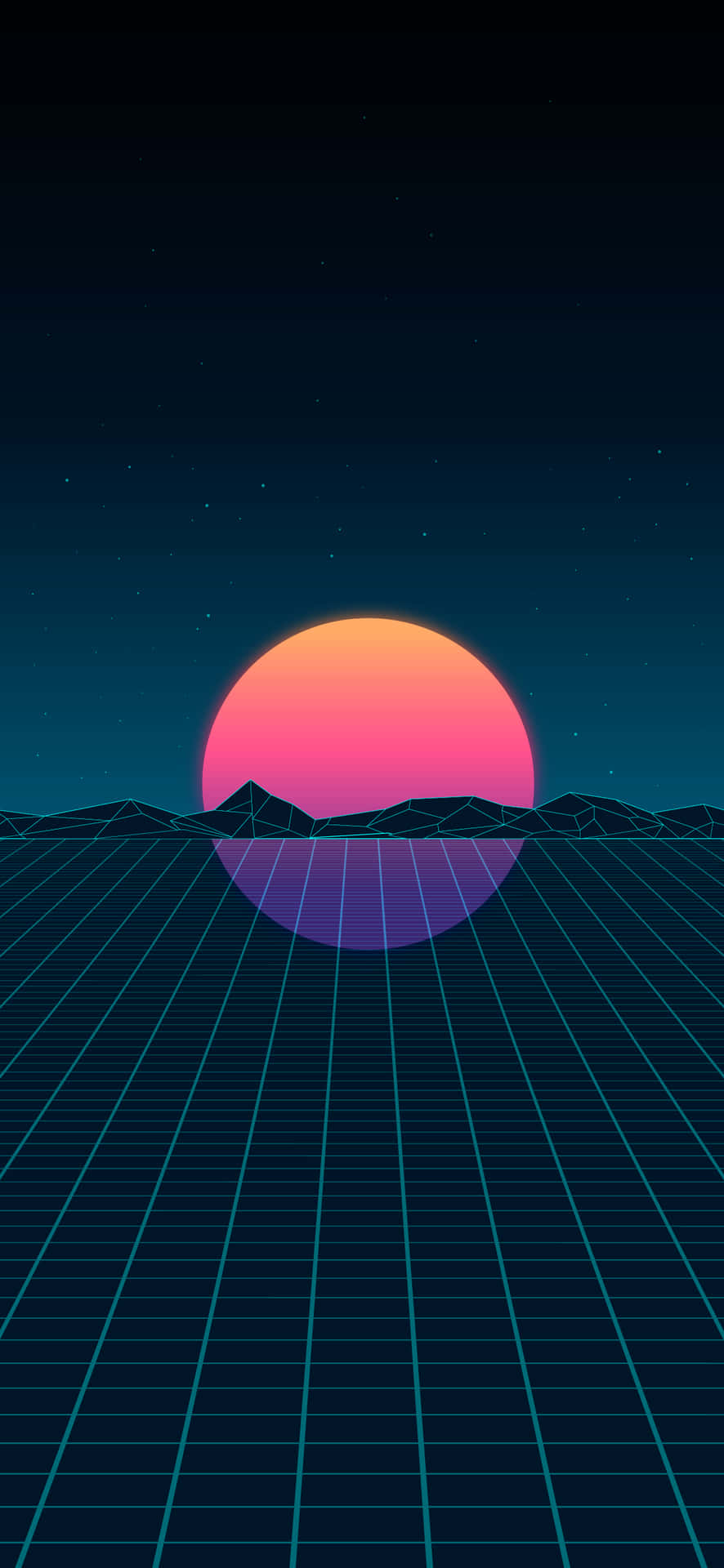 霓虹網格景觀，星空下山脈上方有發光的日落