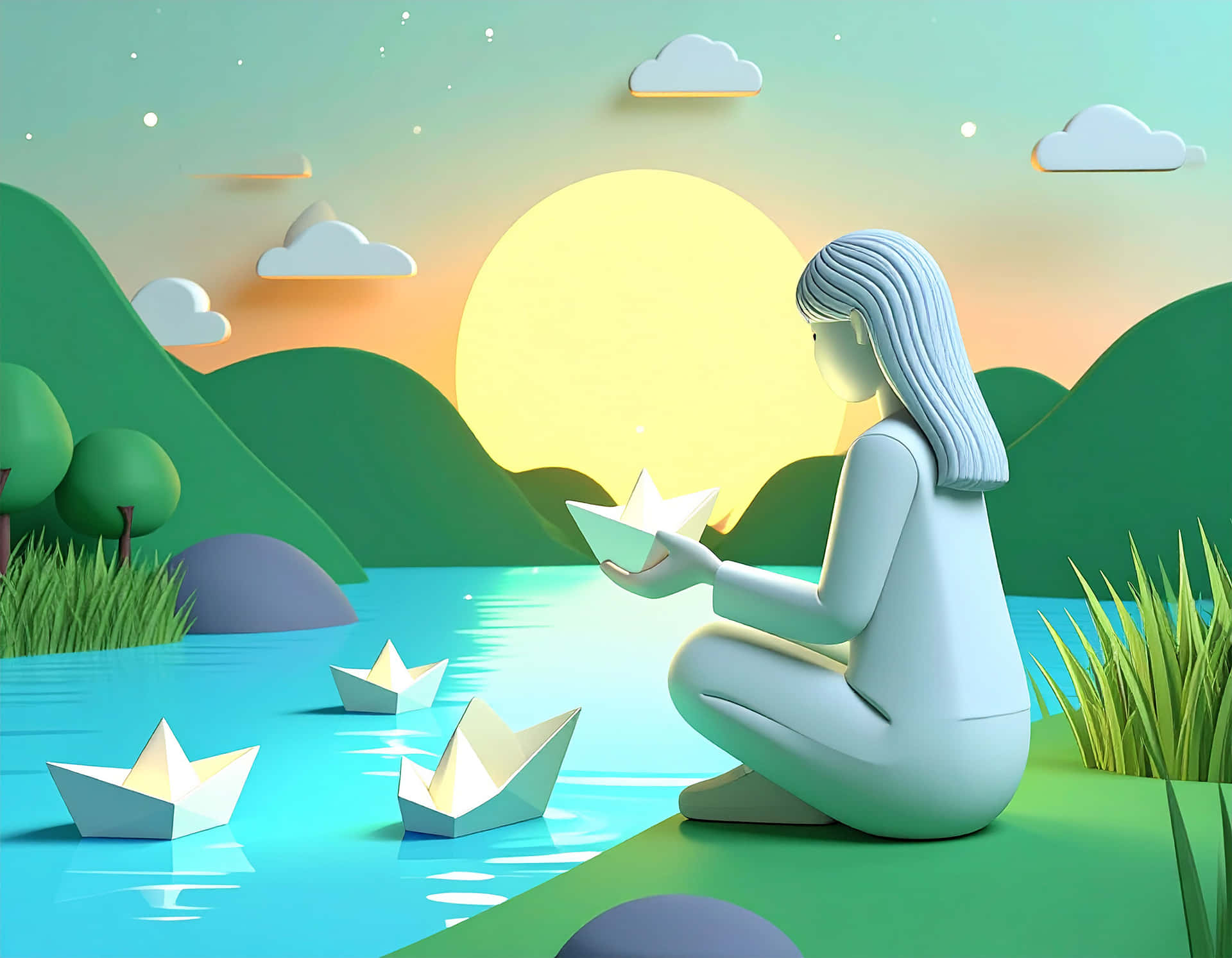 回憶 壁紙 — 一個風格化的人物坐在日落時分的寧靜湖邊，將發光的紙船放入水中。