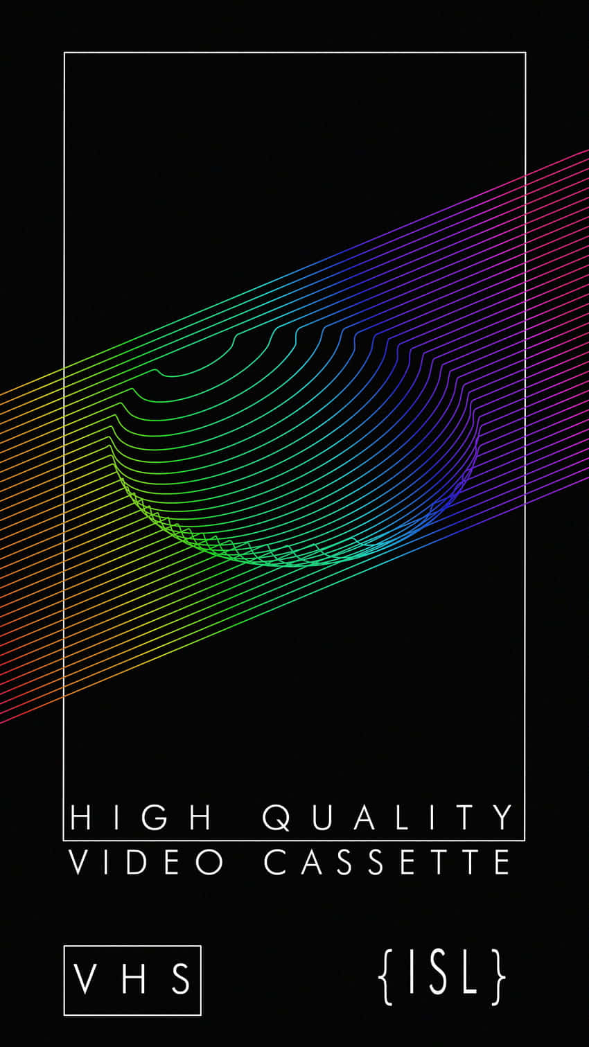 回憶復古 VHS 體驗的懷舊視覺 壁紙 — 一個風格化的VHS錄影帶，帶有從中央螺旋放射出的彩虹漸變線條，背景為黑色。