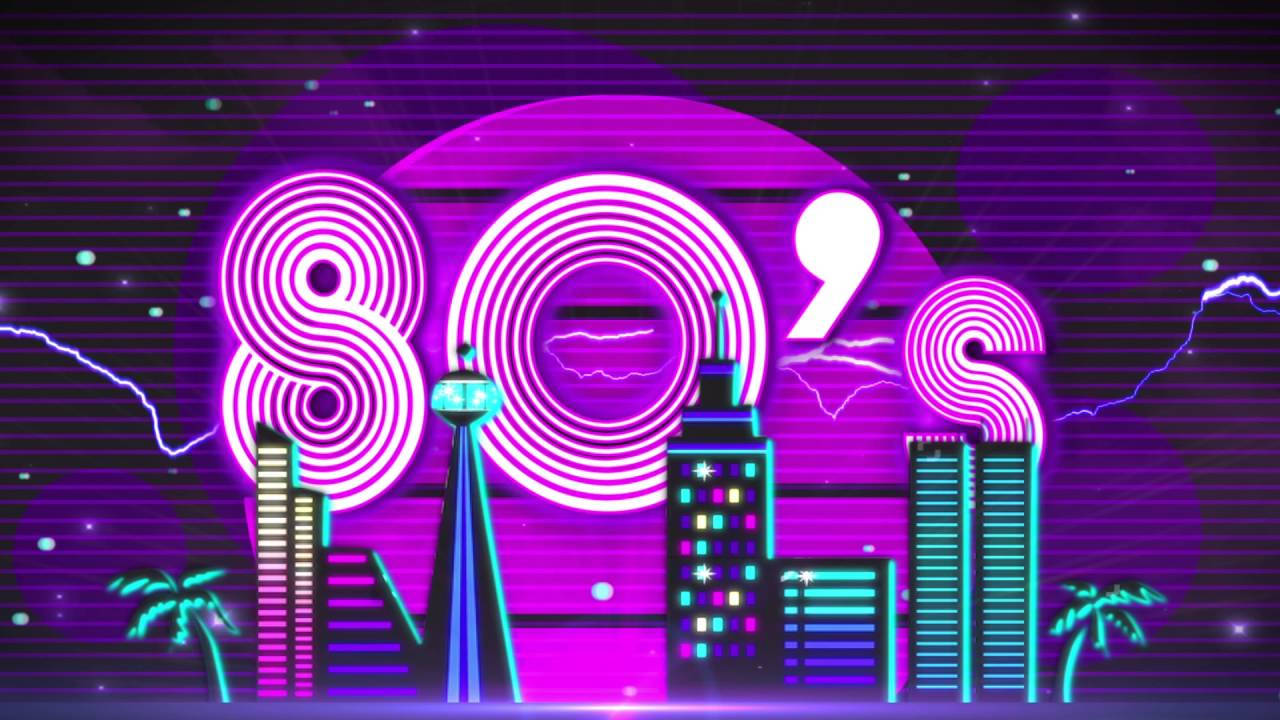 霓虹燈照亮80年代城市天際線，棕櫚樹和發光建築在紫色數位天空下。
