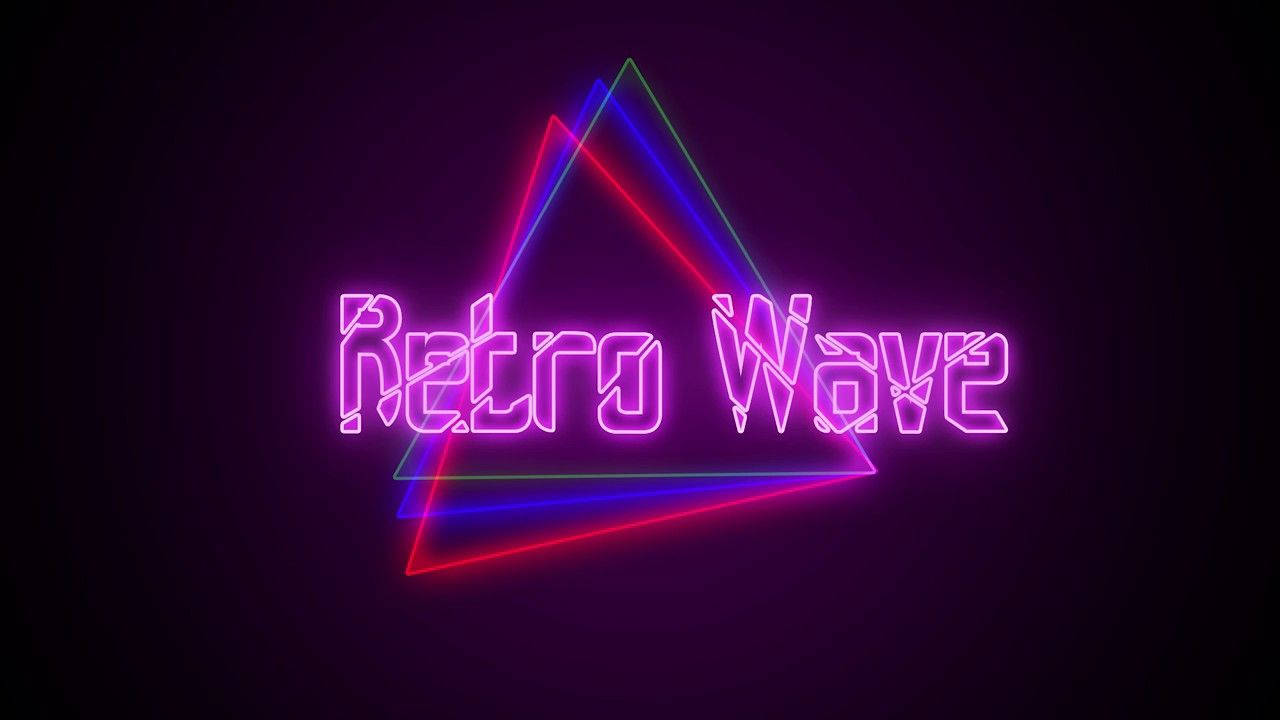 深紫色背景上發光三角形內寫有Retro Wave的霓虹標誌