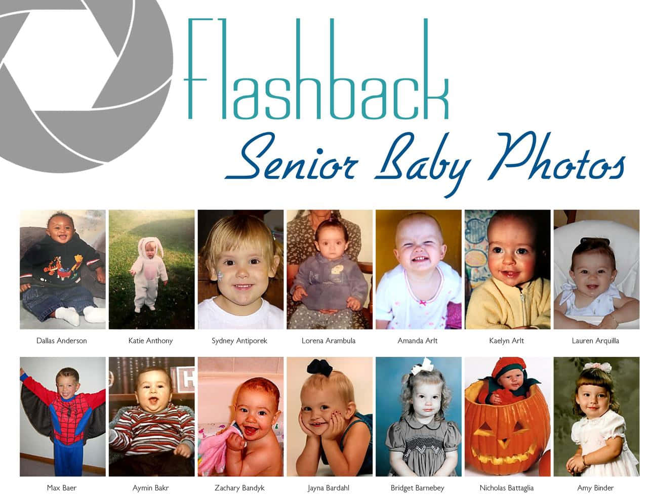 十二張嬰兒同幼兒肖像喺一張名為Flashback Senior Baby Photos嘅相片拼貼入面。