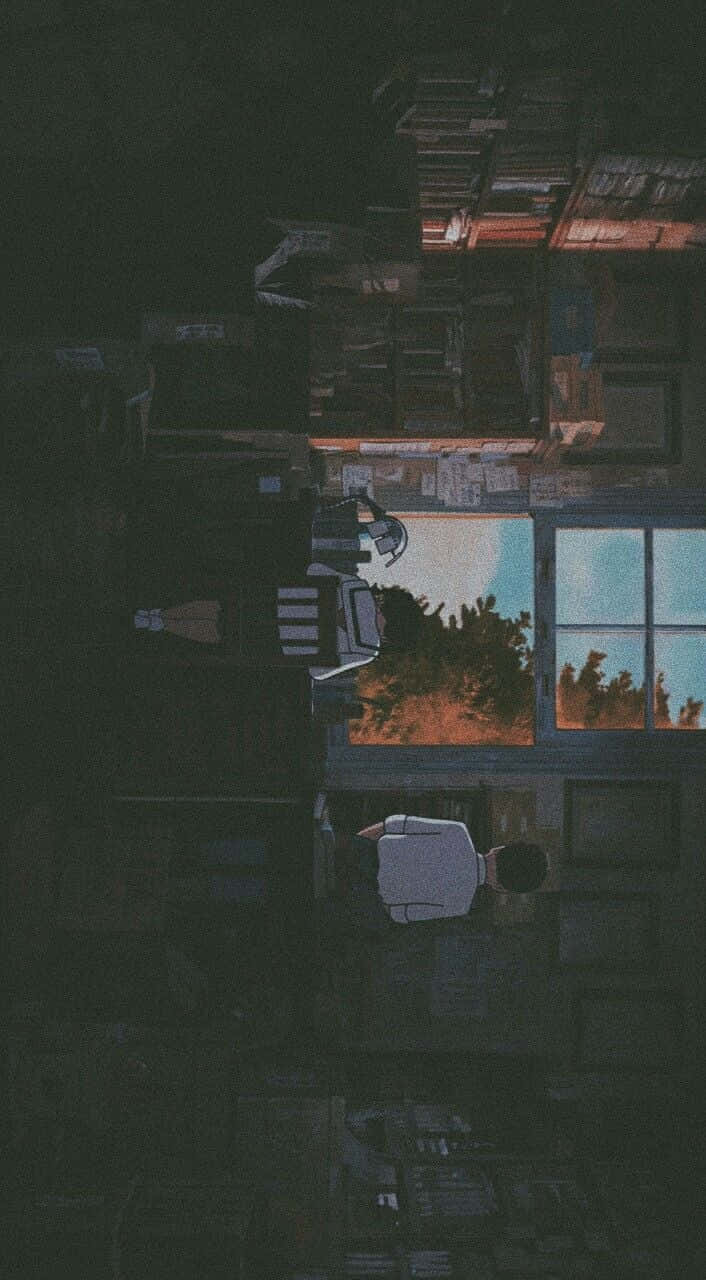 夜晚坐在室內望向窗外日落的人