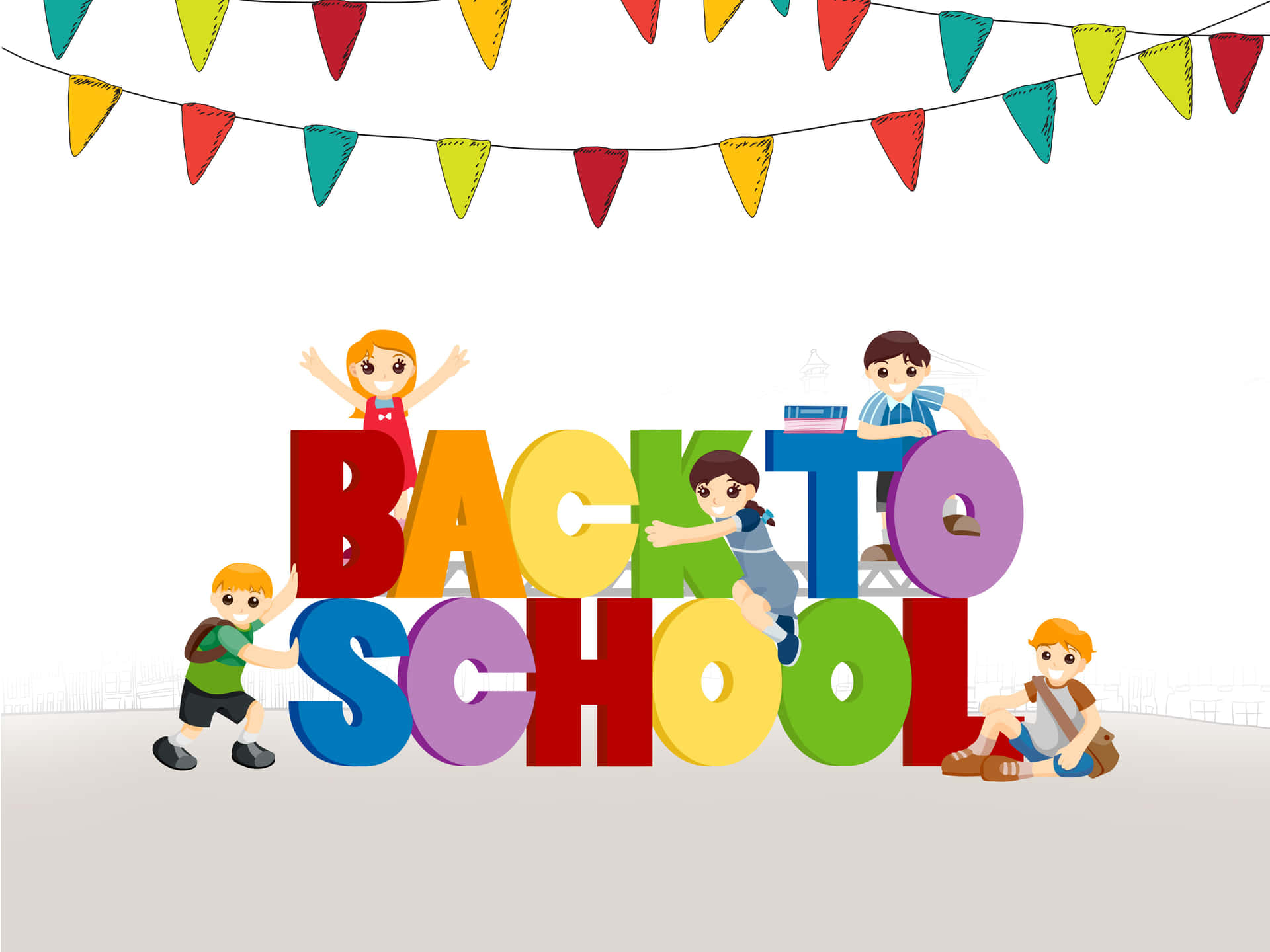 孩子們在派對旗幟下攀爬彩色「Back to School」字母。
