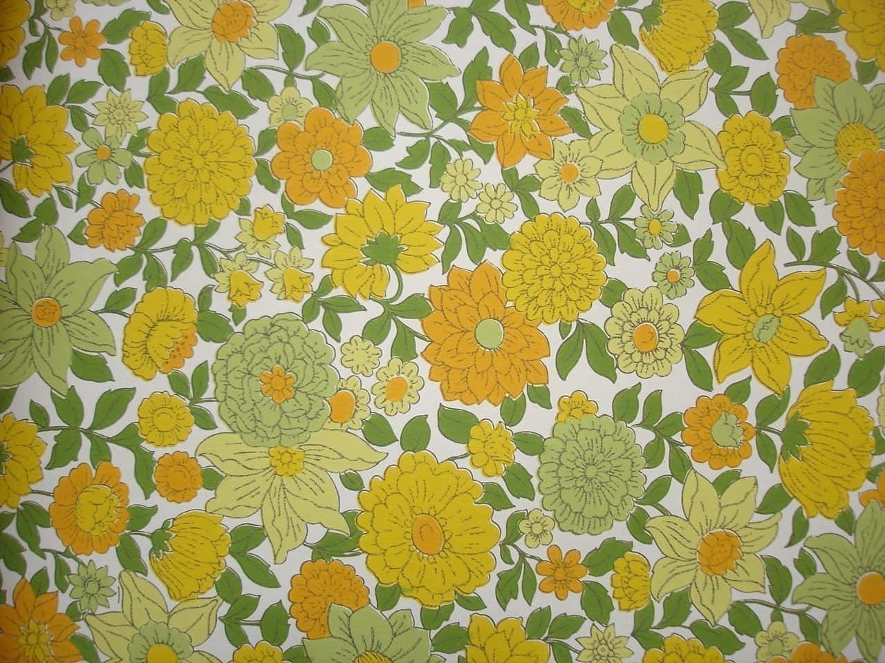 復古花卉壁紙，帶有黃色、橙色和綠色花朵，白色背景。