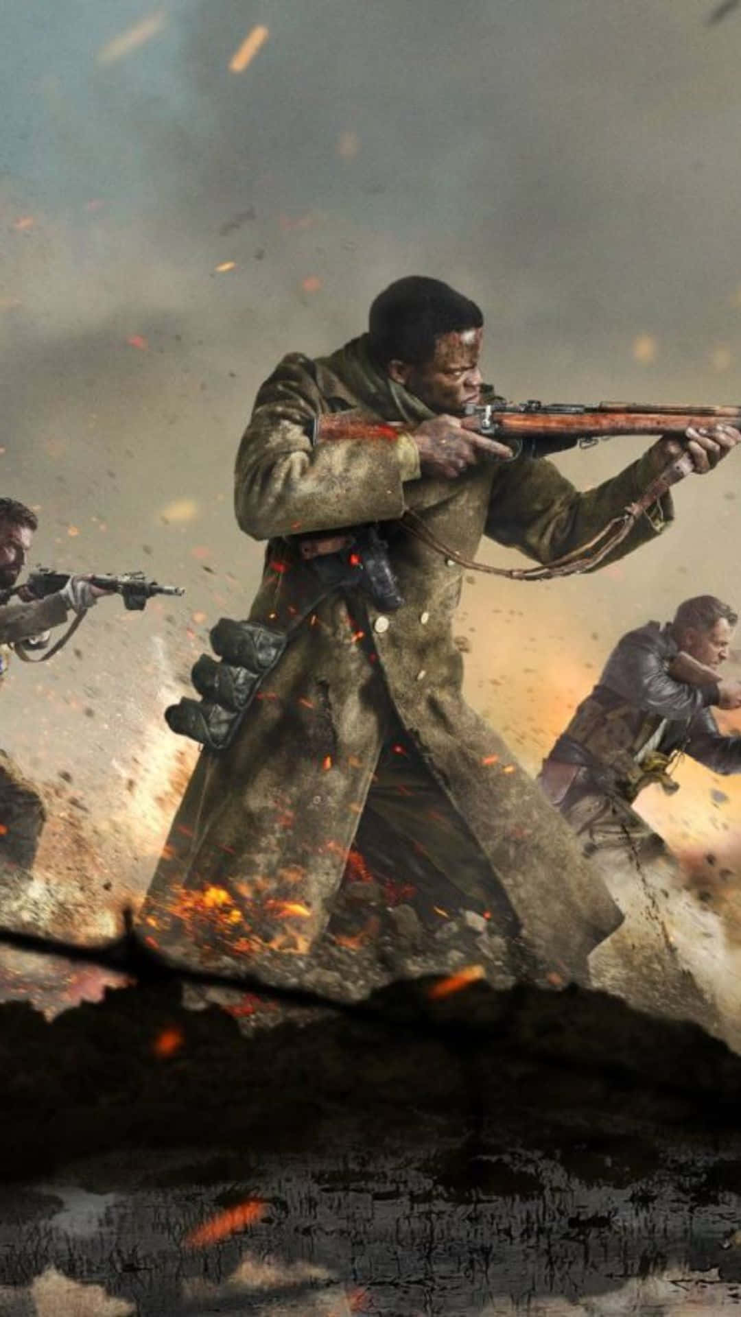 士兵們在烈火戰場上開火步槍，伴隨著爆炸和碎片。