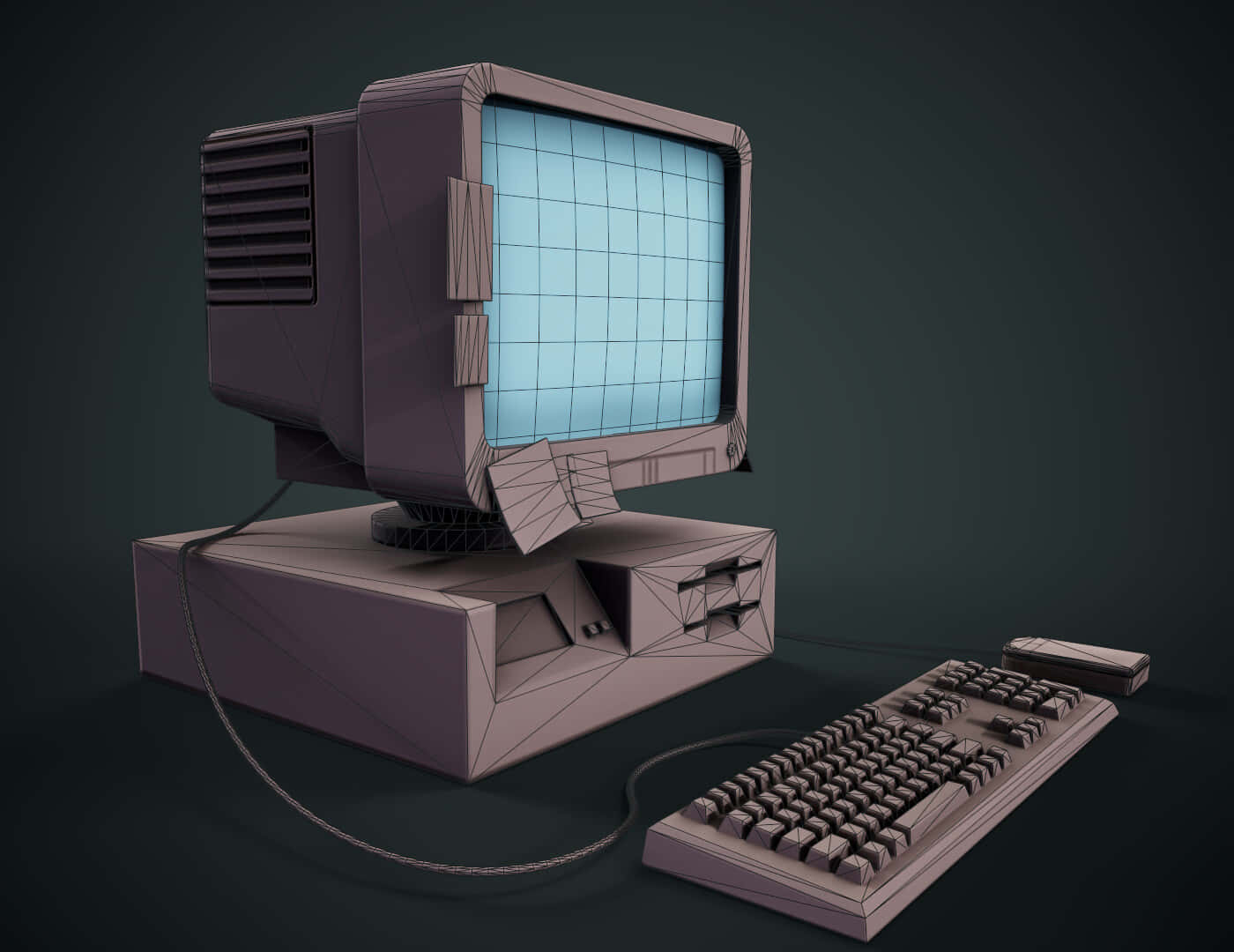 低多邊形3D模型，復古米色電腦，帶有網格屏幕和鍵盤。