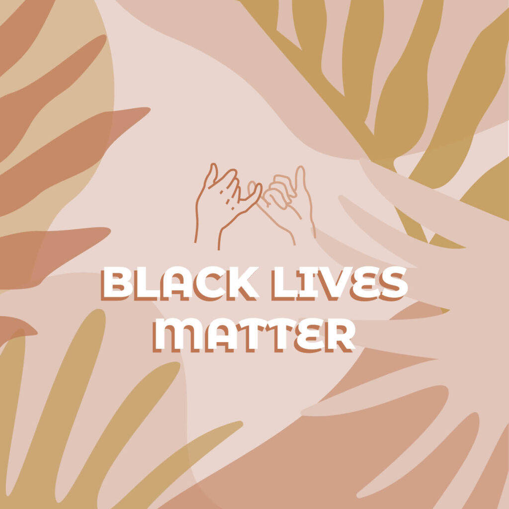 兩隻手在熱帶葉片背景上形成心形，並帶有「BLACK LIVES MATTER」文字。