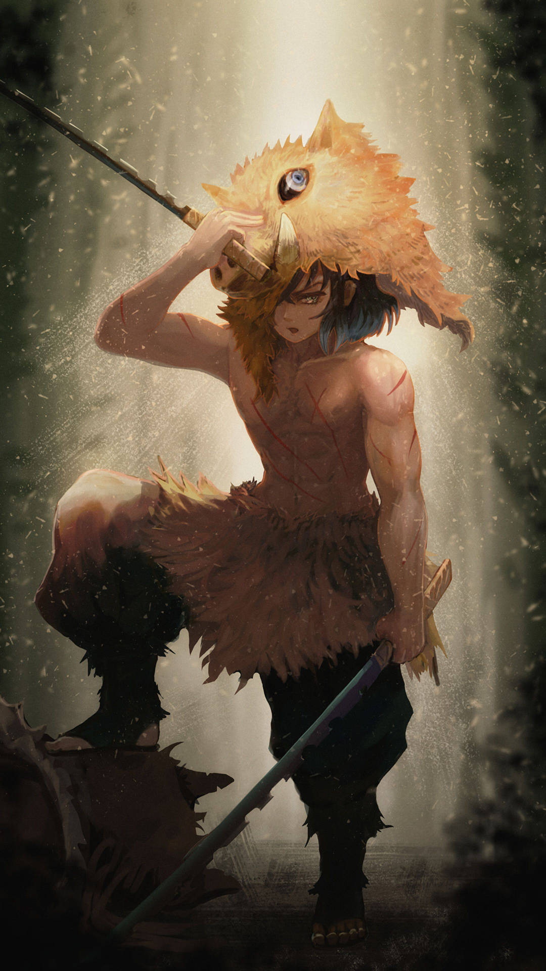 戴獅頭面具的動漫戰士在霧森林中持劍