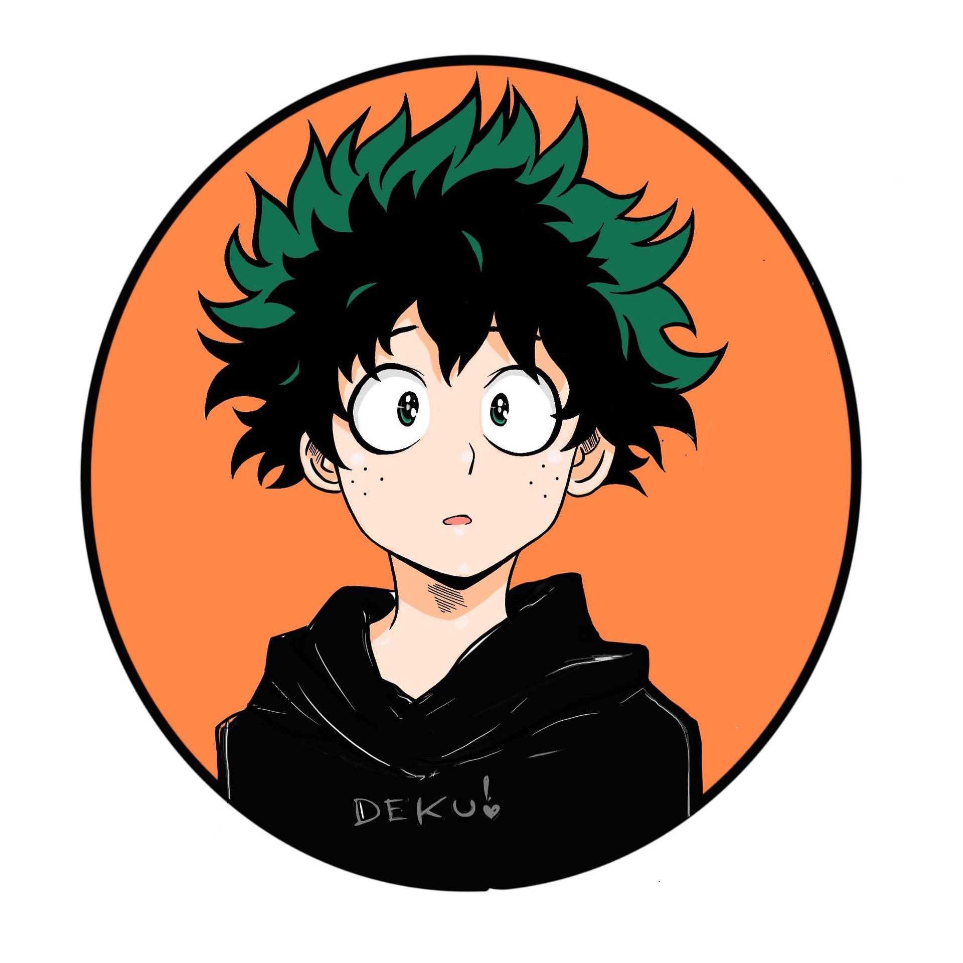 困惑可愛的綠谷出久 Discord 個人頭像 壁紙 — 動漫角色Deku，擁有尖刺的綠色和黑色頭髮，大眼睛，穿著黑色連帽衫，背景為橙色圓形。