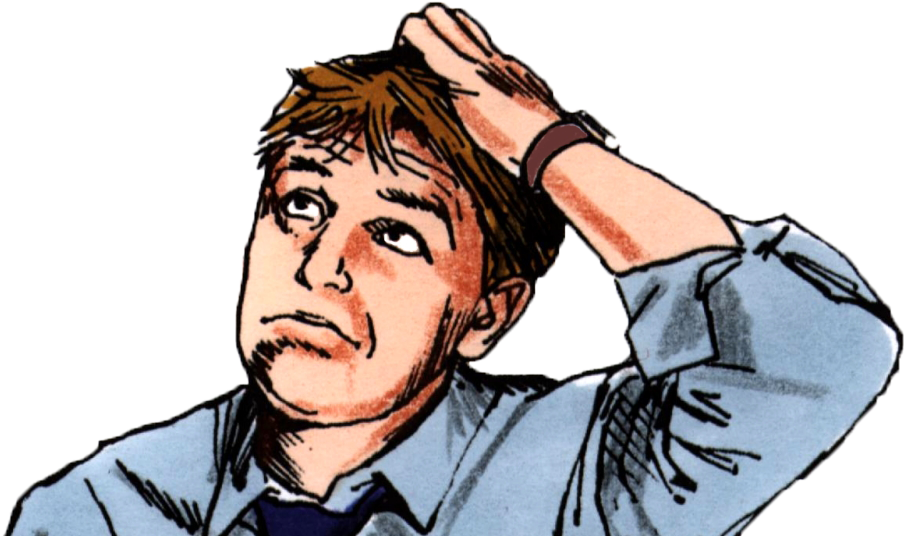 困惑男子素描 壁紙 — 一個棕色頭髮、穿著藍色襯衫的男人，手放在頭上，在黑色背景前看起來很緊張。