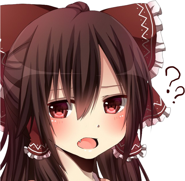 困惑的動漫女孩表情 壁紙 — 一個驚訝的動漫女孩，棕色頭髮和紅色眼睛，戴著荷葉邊紅色頭飾，旁邊漂浮著問號。
