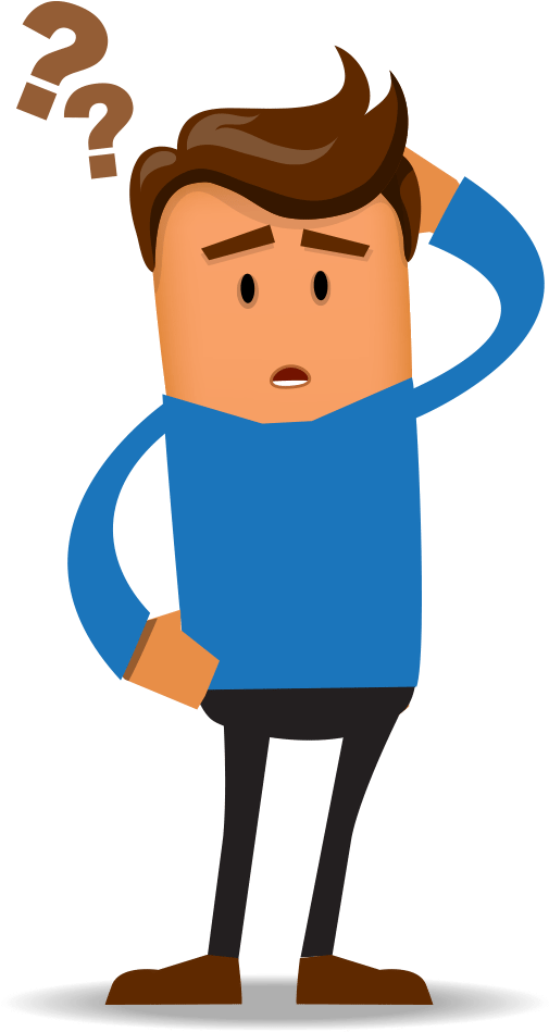 困惑的卡通男子 壁紙 — 一個穿著藍色襯衫的卡通人物抓頭，頭上有問號漂浮，顯示困惑。