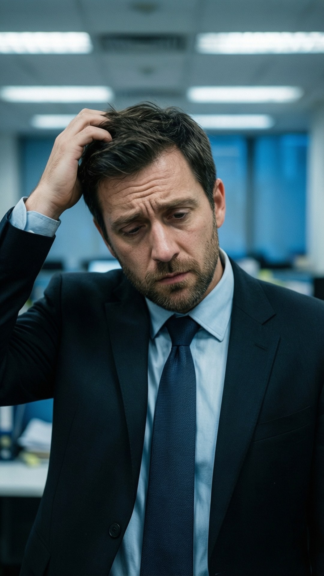 困惑的商人 壁紙 — 一位穿著西裝的壓力大的商人在螢光燈下光線昏暗的辦公室裡用手撥弄頭髮。
