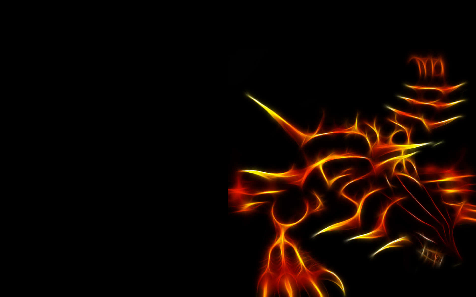在黑色背景下，抽象數位分形火焰閃爍著橙色和黃色光芒。