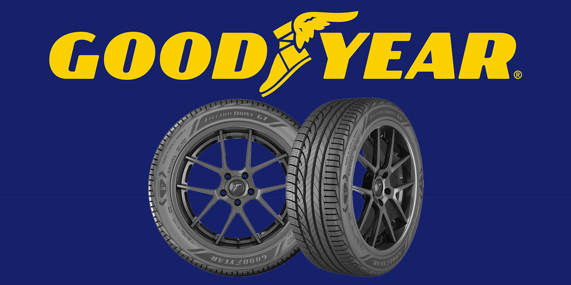 Goodyear輪胎安裝在合金輪圈上，藍色背景上有品牌標誌