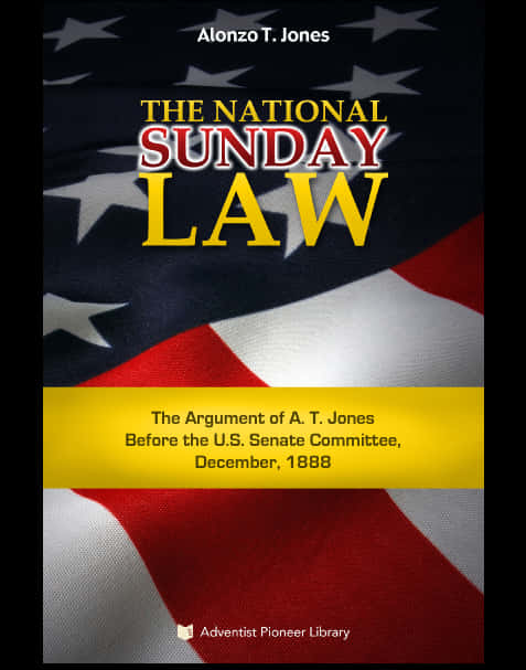 國家主日法典封面 壁紙 — 書本封面，粗體文字「The National Sunday Law」置於有紋理的美國國旗背景上。