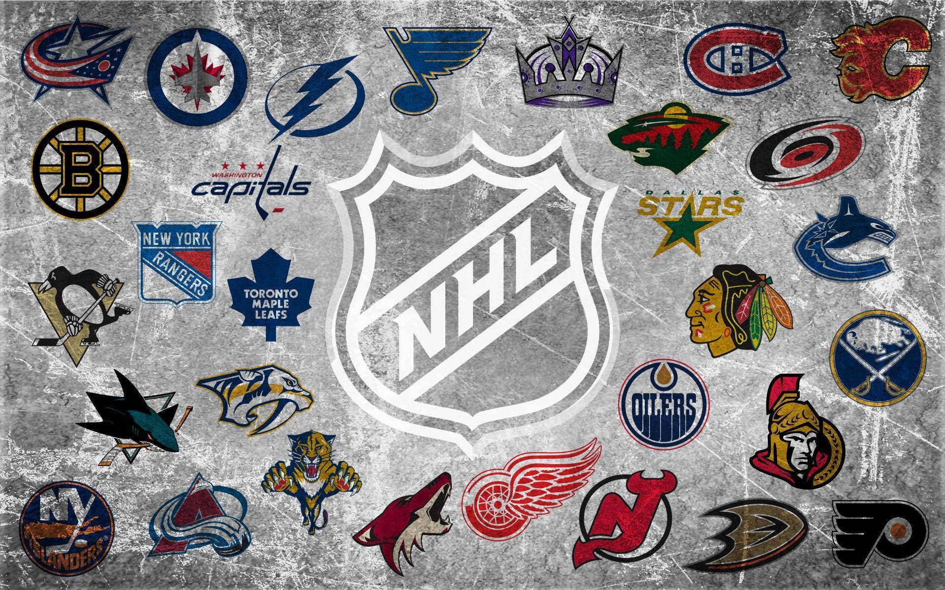 國家冰球聯賽標誌 壁紙 — 粗糙紋理背景顯示眾多NHL球隊標誌圍繞中央NHL盾牌標誌。