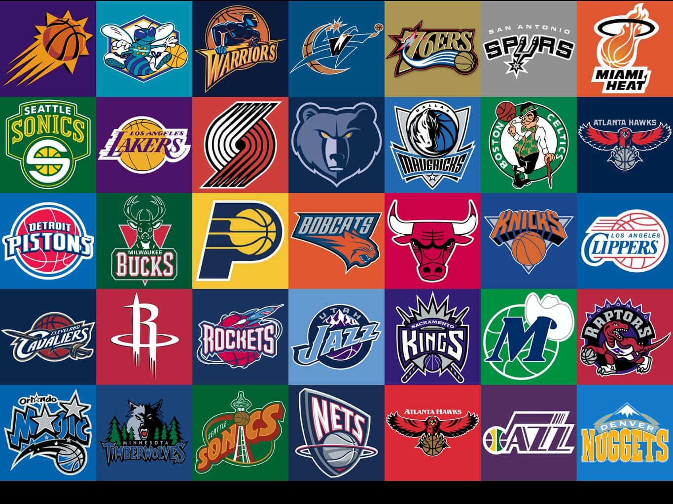 以彩色網格圖案排列的NBA球隊標誌集合。