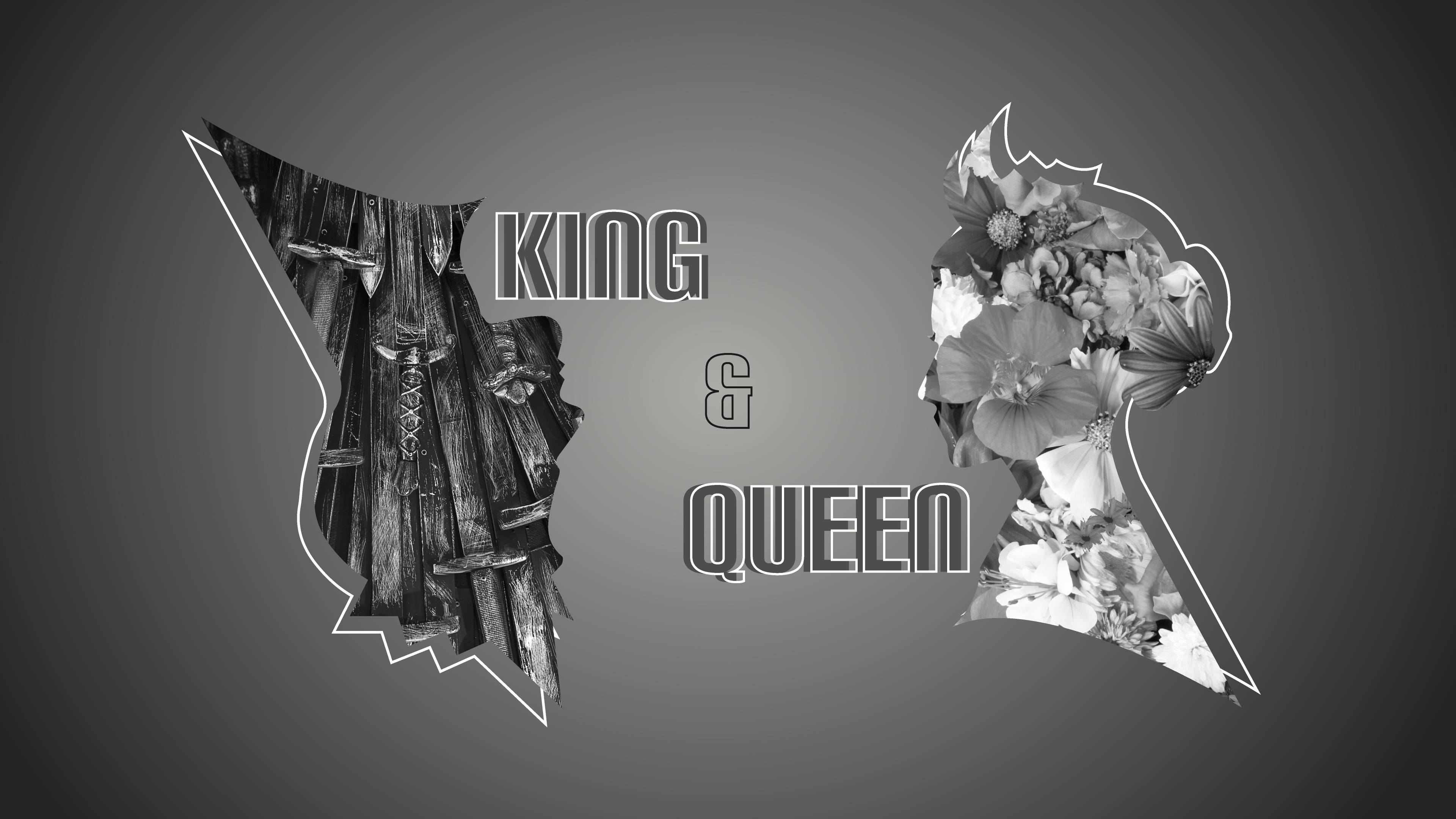 Queen 桌布 壁紙 — 國王和女王頭部的剪影，充滿劍和花朵，與灰色背景形成對比。