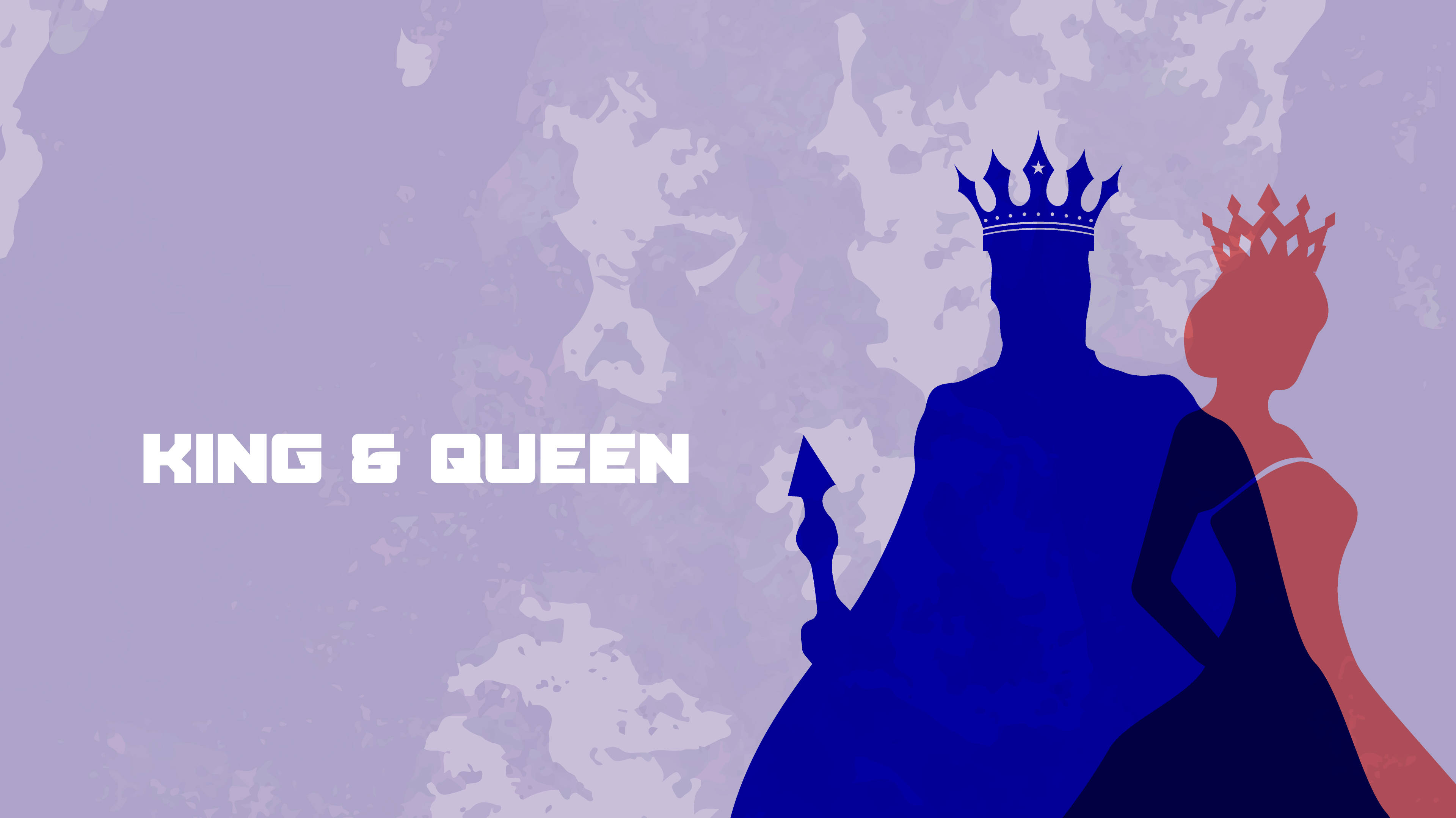 Queen 桌布 壁紙 — 國王和王后戴著王冠的剪影背對背站在有紋理的紫色背景上，並帶有粗體文字。