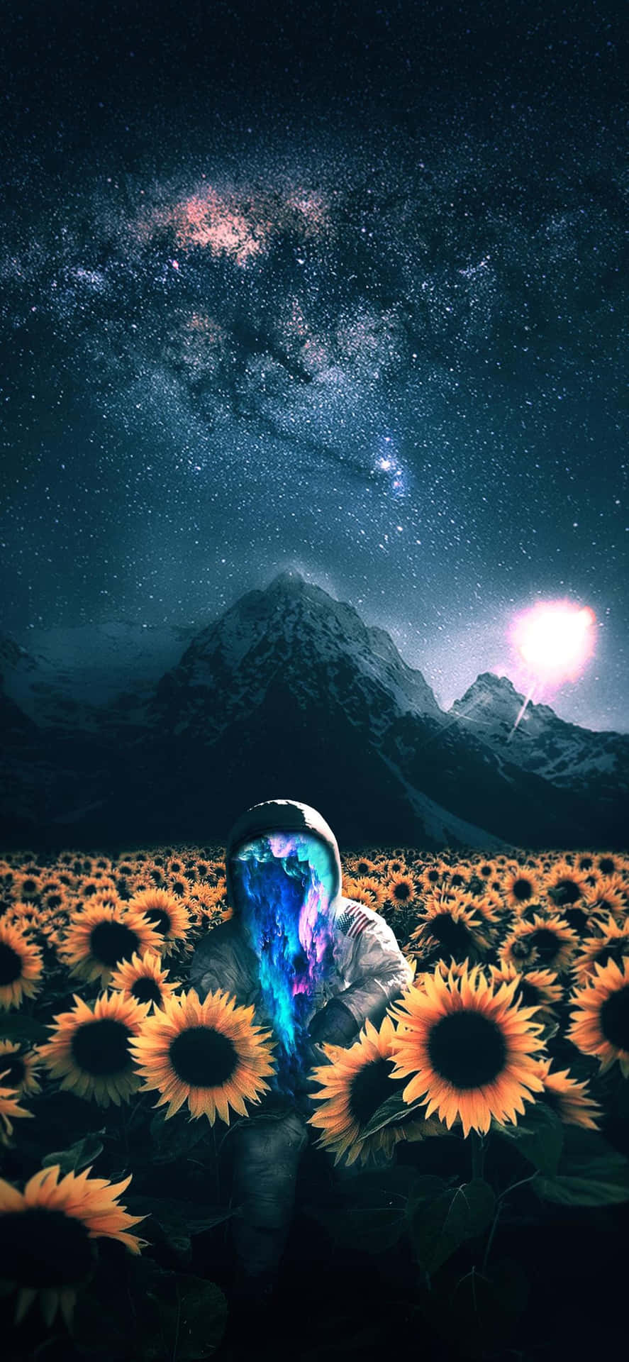 星空下向日葵田裡頭髮發光的人物，有山