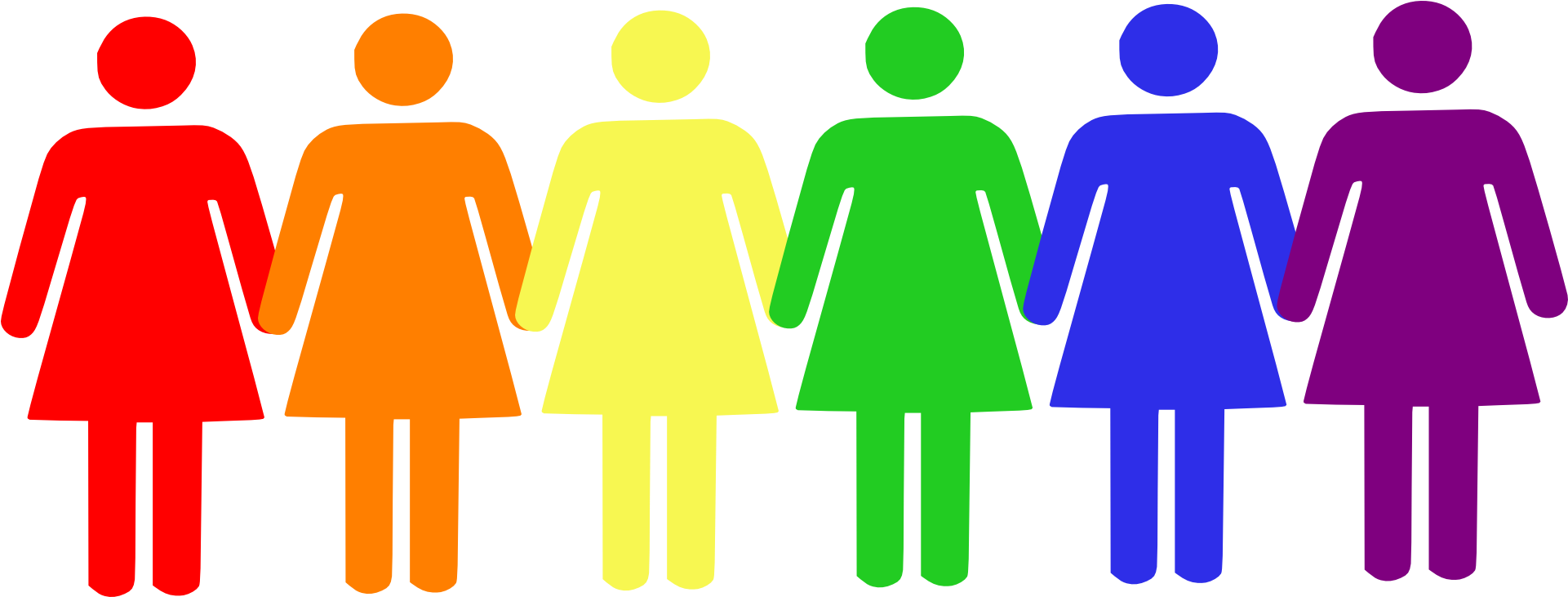 國際婦女節 多元與團結 壁紙 — 六個彩虹色的女性火柴人排成一排，手牽手，背景為黑色。