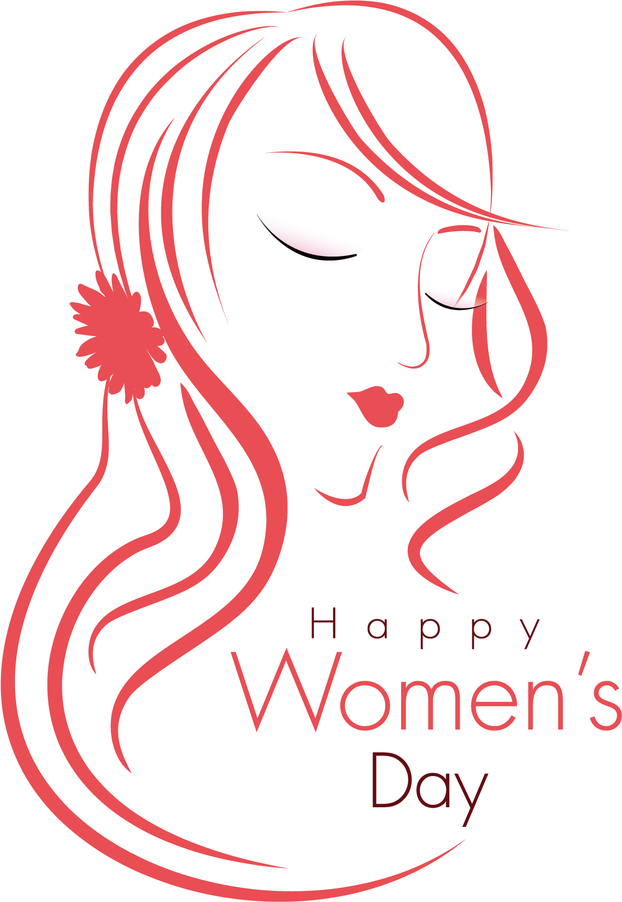 國際婦女節慶祝 壁紙 — 一個風格化的紅色線條藝術女性肖像，擁有飄逸的頭髮和花朵耳環，背景為黑色，並帶有'Happy Women's Day'文字。