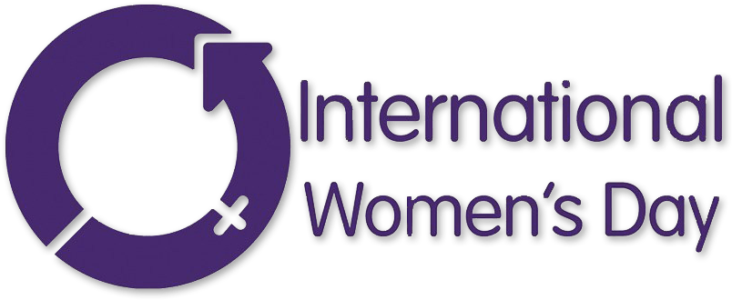國際婦女節標誌 壁紙 — 紫色圓形箭頭標誌，黑色背景上帶有文字 International Women's Day。