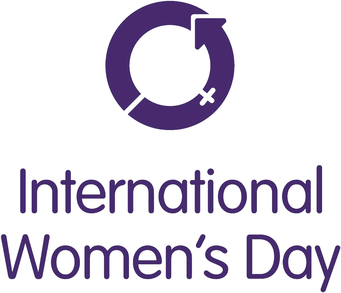 國際婦女節標誌 壁紙 — 紫色圓形箭頭標誌，帶有文字 International Women's Day，背景為黑色。
