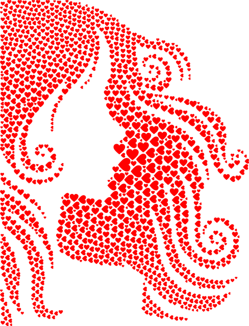 國際婦女節紅色馬賽克女性側影 壁紙 — 一個由紅色心形完全組成的女性側面剪影，在黑色背景上顯得格外醒目。