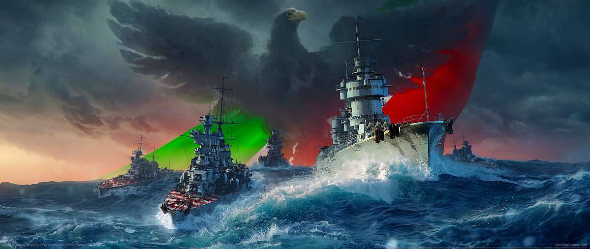 軍艦在波濤洶湧的海上航行，一隻巨鷹手持紅綠旗幟。
