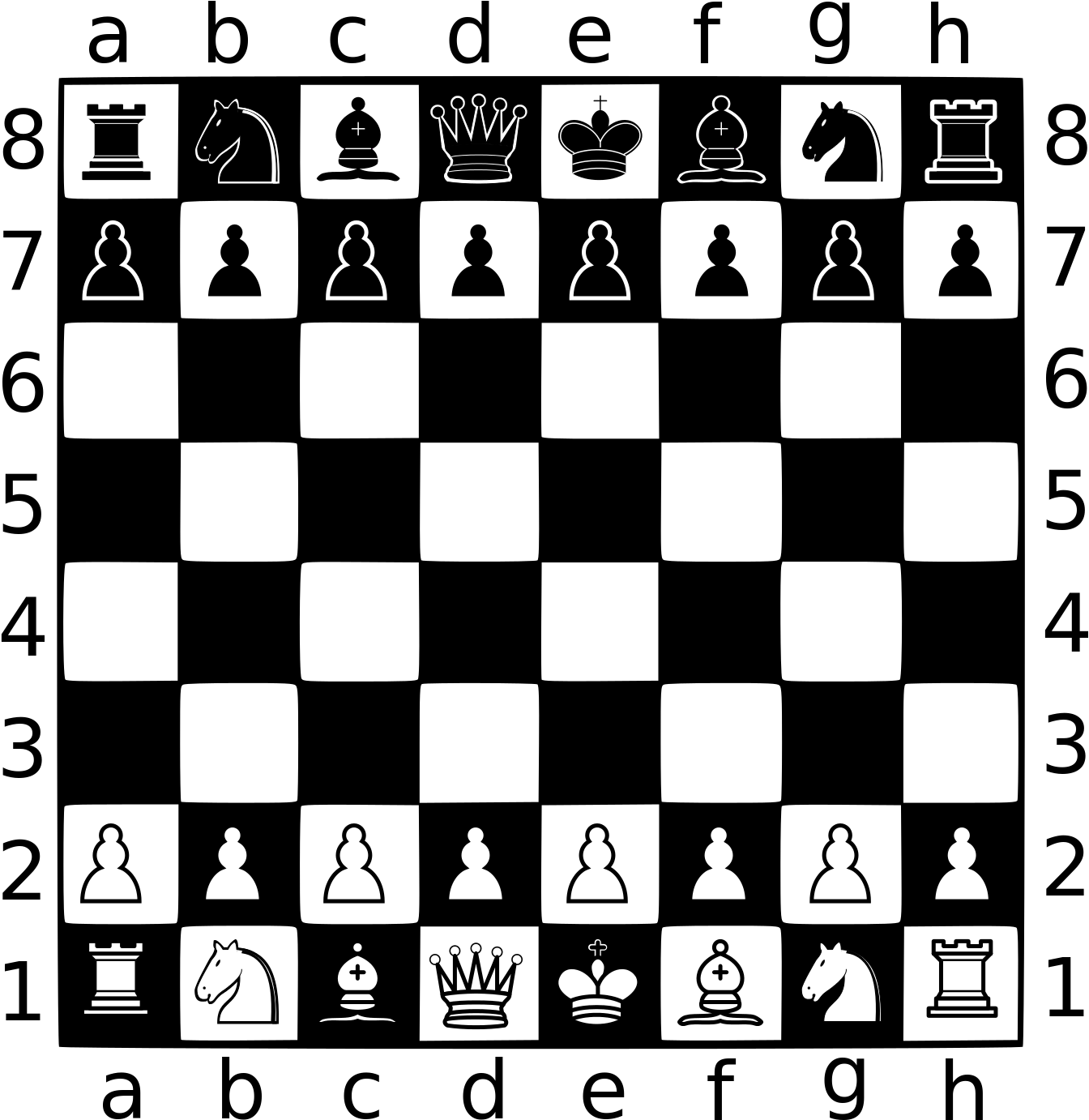 國際象棋初始佈局 壁紙 — 白色國際象棋棋子以鏡像排列在黑色背景上，形成強烈的極簡對比。