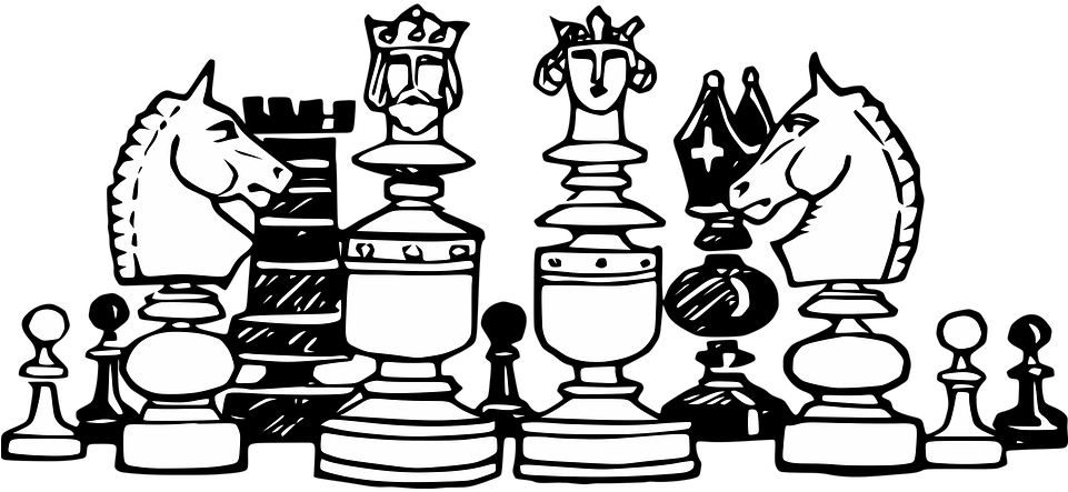 國際象棋棋子向量插畫 壁紙 — 一幅強烈的黑白線條藝術插圖，描繪國際象棋棋子在一場戲劇性的對峙中相互面對。