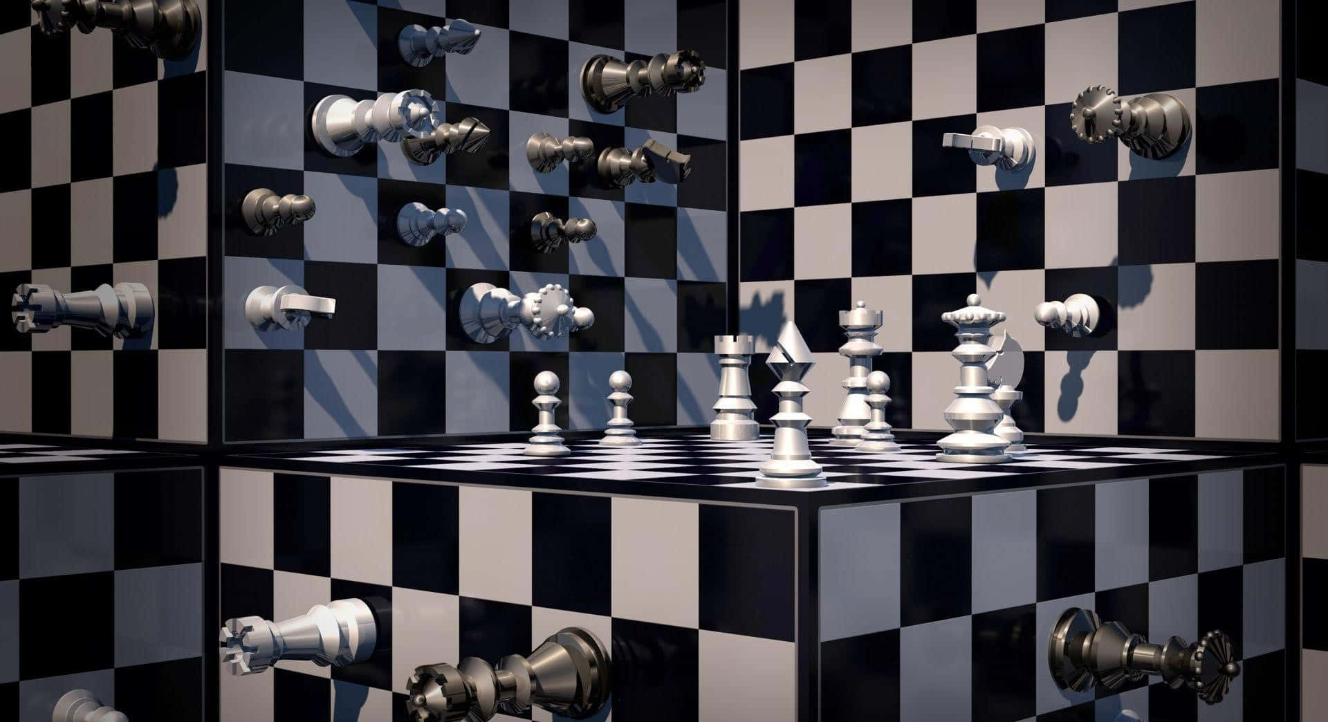 國際象棋 桌布 壁紙 — 國際象棋棋子漂浮並站立在棋盤上，處於一個帶有無限反射的鏡面房間中。
