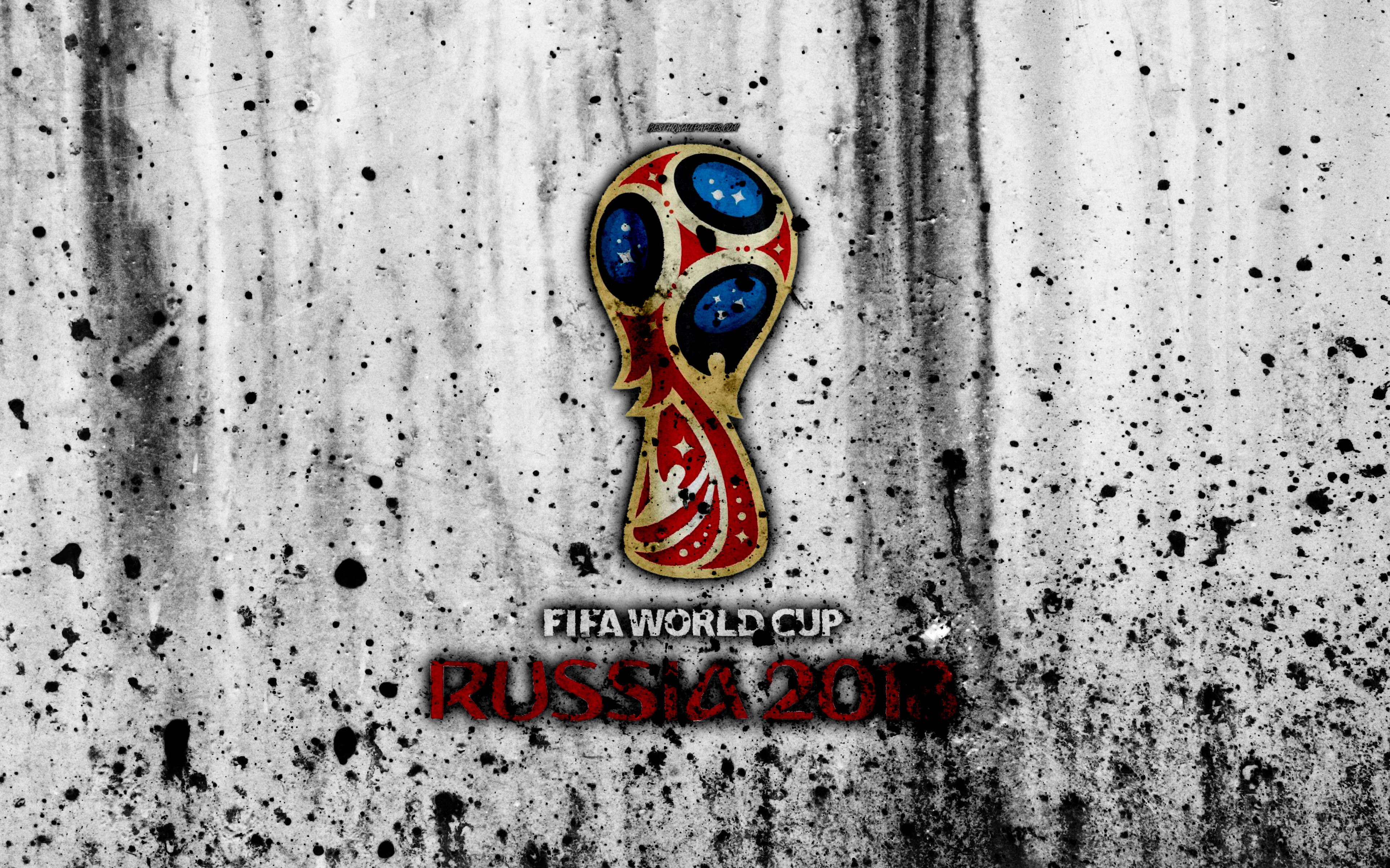 國際足聯世界盃潑墨海報 壁紙 — FIFA世界盃俄羅斯2018標誌，紅藍金設計，粗糙紋理混凝土背景。