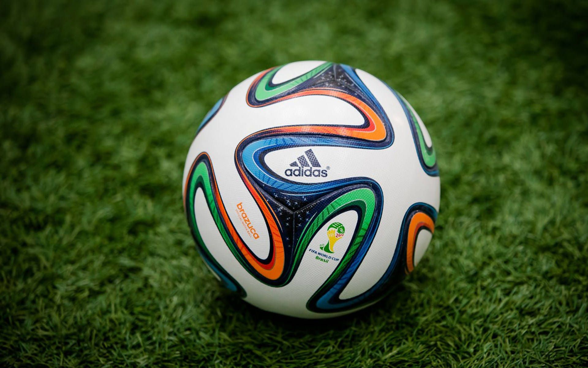 國際足聯世界盃足球 壁紙 — 一個充滿活力的 Brazuca 足球在明亮的日光下，躺在茂密的綠草地上。