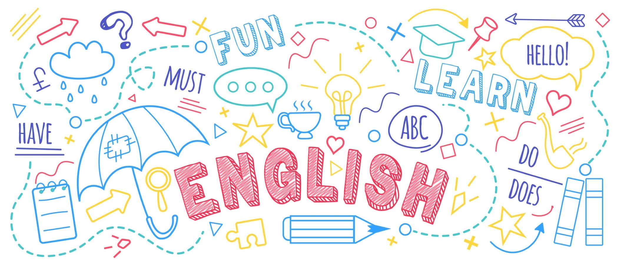 English 桌布 壁紙 — 圍繞English一詞的鮮豔手繪塗鴉，包含對話氣泡、鉛筆和學習圖標。