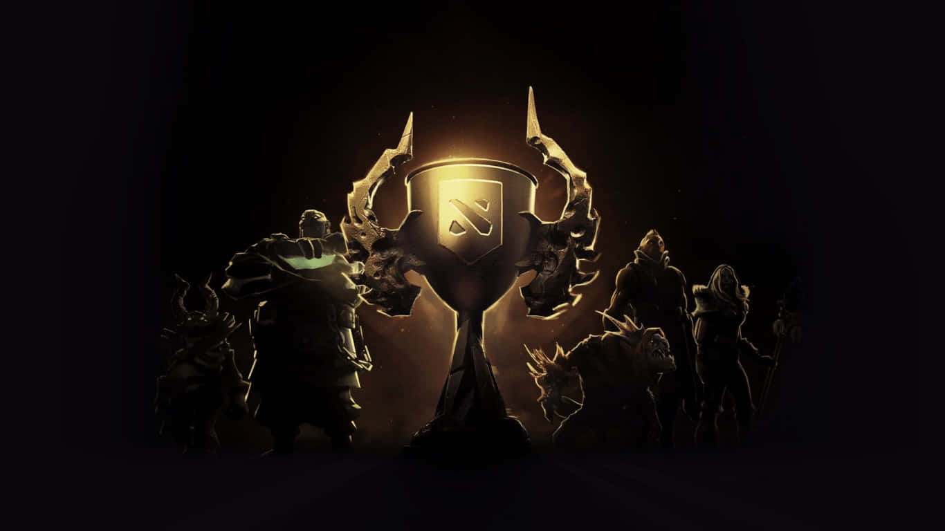 Dota 2 冠軍在黑暗剪影中手持發光獎盃。