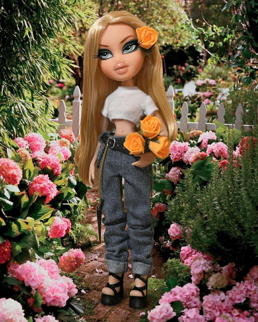 Bratz 公仔在粉紅色花園中手持橙色玫瑰。 — Bratz風格 壁紙