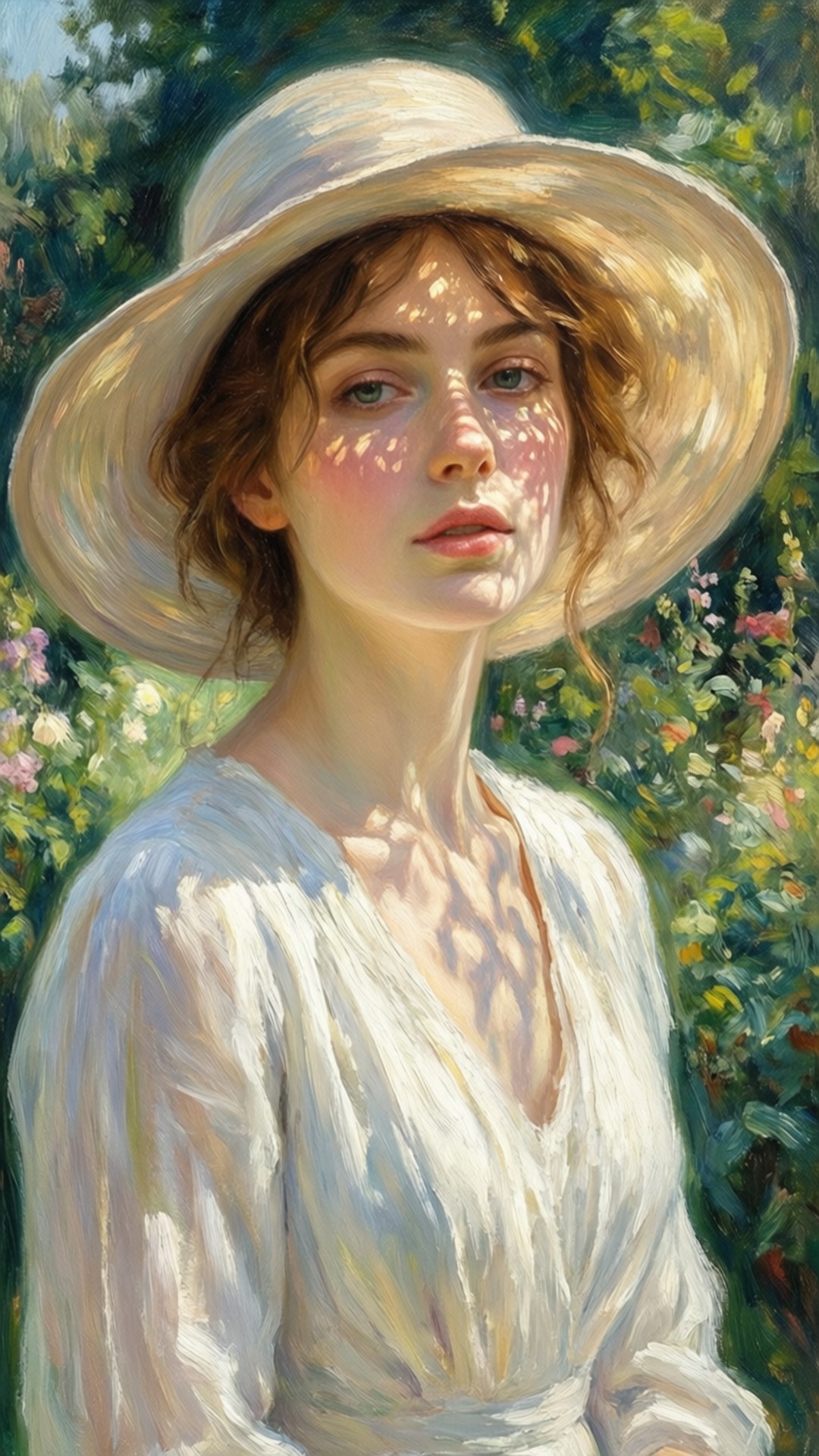 一位戴著白色帽子的女士在陽光普照的花園中，斑駁的光線灑在她的臉和肩膀上。