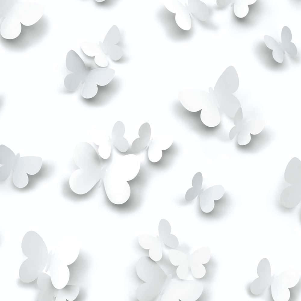 園中翩翩白蝴蝶 壁紙 — 白色紙蝴蝶輕輕飄過明亮的白色表面，在極簡3D渲染圖案中投下柔和陰影。