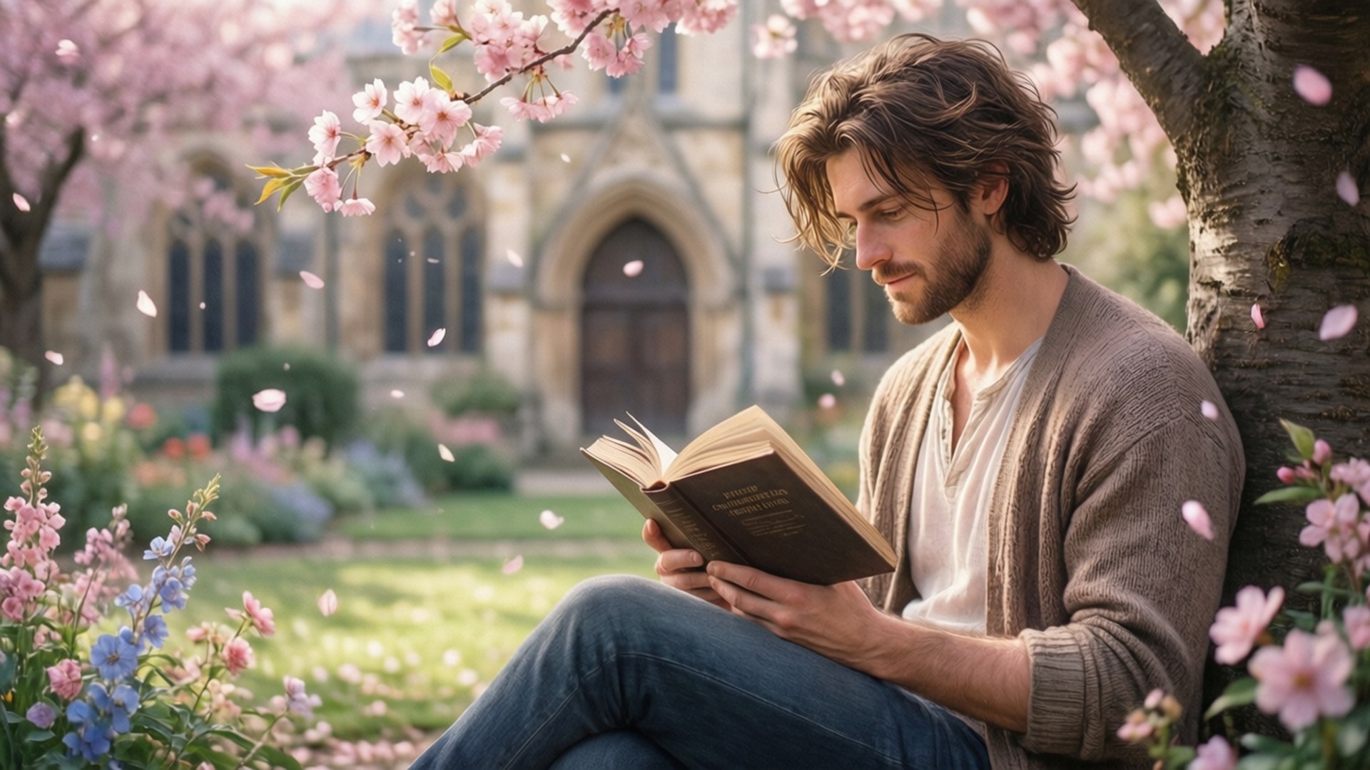 男人在花園櫻花樹下看書