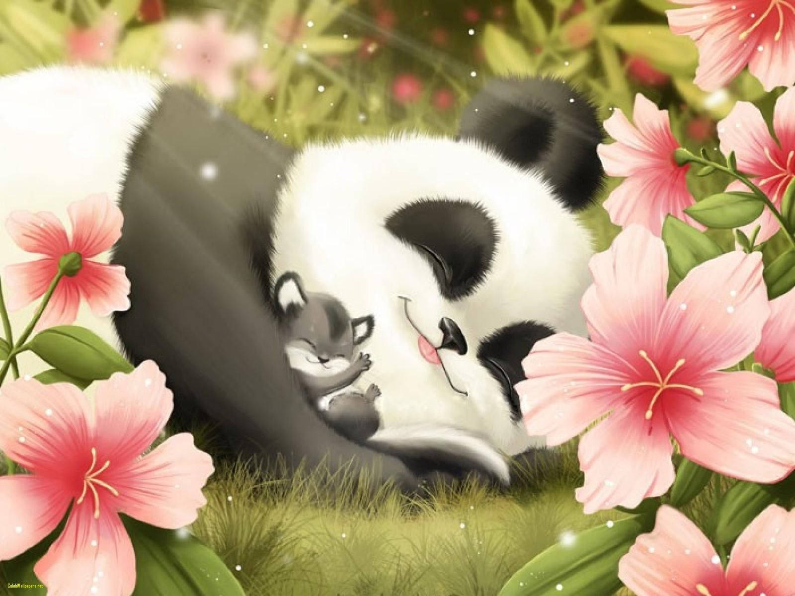 園林中的可愛貓熊 壁紙 — 一隻平靜的卡通熊貓在盛開的粉紅色花朵和柔軟的綠草中，安詳地抱著一隻小狐狸睡覺。